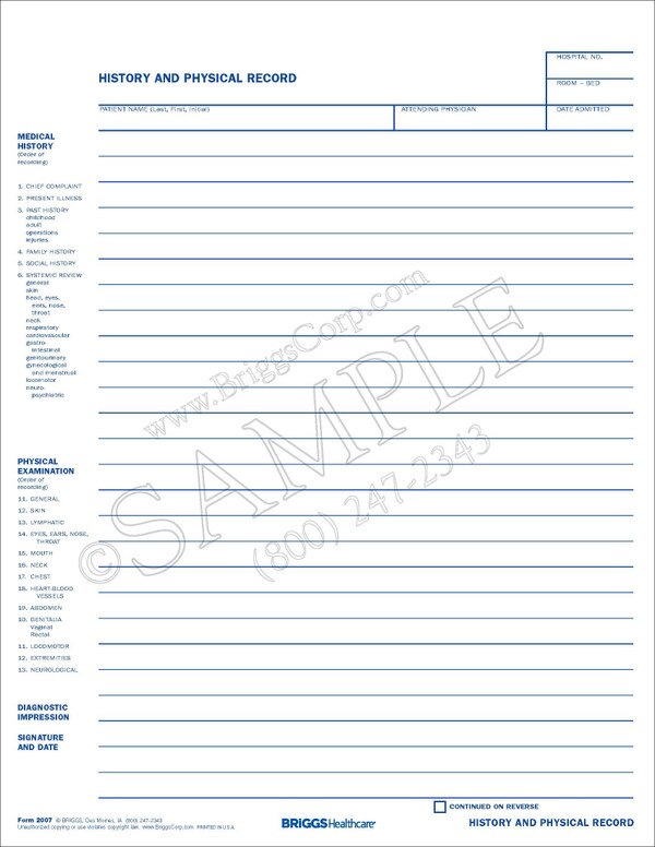 History and Physical Record Form